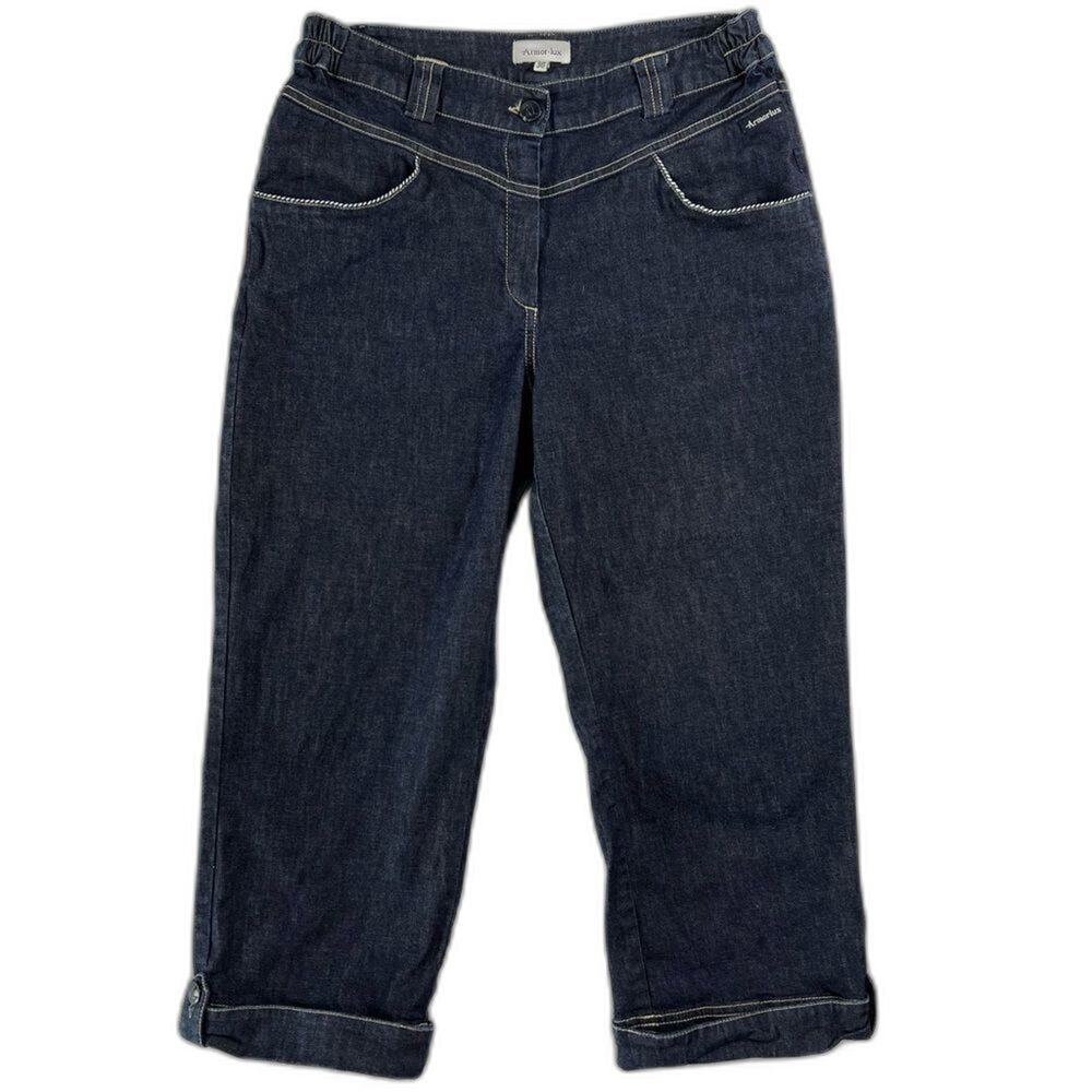 Armor Lux Women's Cropped Pants Small Dark Wash Denim Stretchy Waist Jean Capri